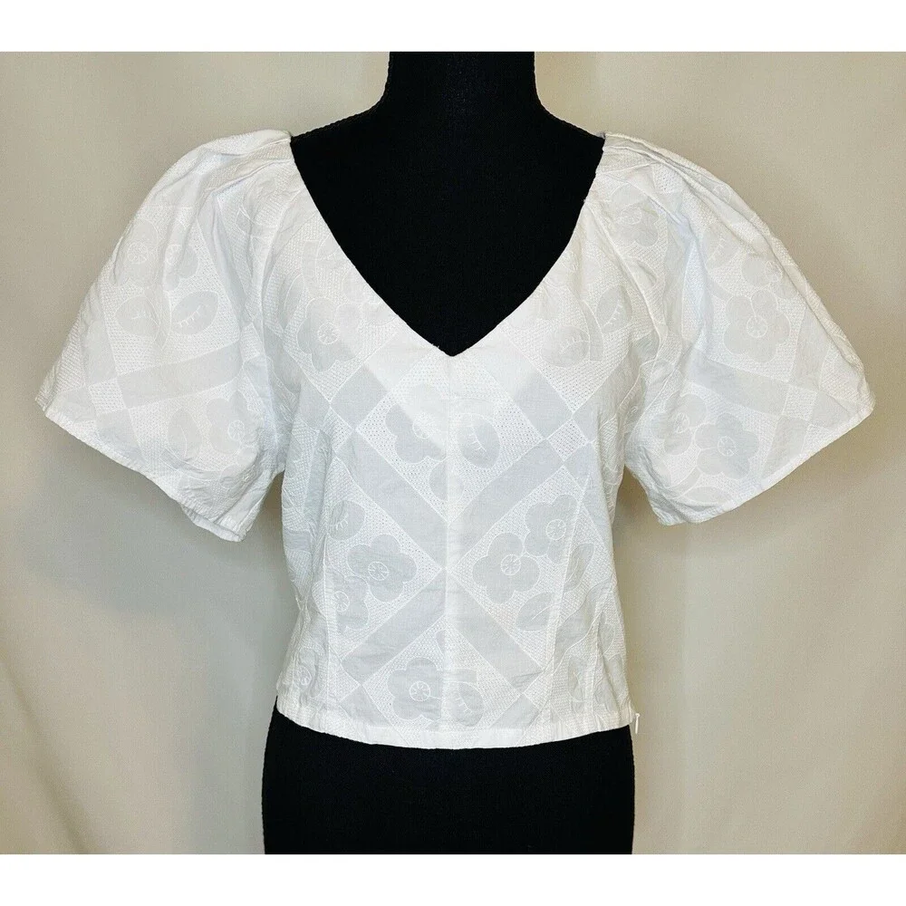 MADEWELL Crop V-Neck‎ Floral White Top Puff Sleeve CottageCore SIZE 0 NWT